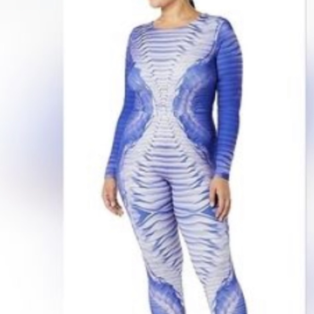 Making the Cut Cat suit with vertebrae blue and white long sleeves size M new